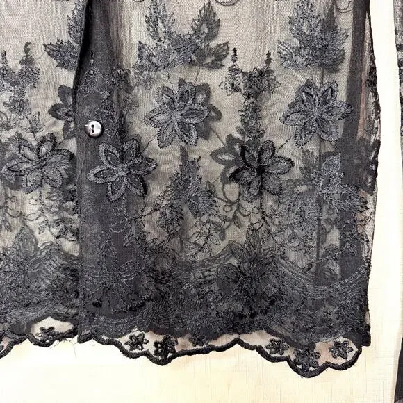 CHARLOTTE RUSSE Mesh Top Womens L Button Down Floral Embroidered Sheer Fairygoth - Picture 3 of 10
